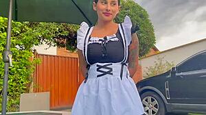 Janitor girl gets fucked in the garden with pussy licking