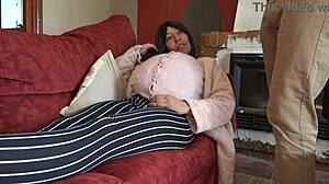 Horny pregnant stepmother urges stepson to fuck her hairy pussy and creampie inside, despite the taboo