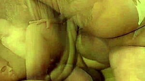 curly haired brunette has both holes stretched wide for double penetration