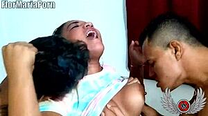 Strong threesome with Latina brunette cum on tits and squirting