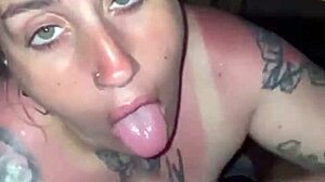 Sunburned girl gives deepthroat blowjob
