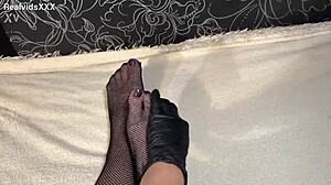 Anna In Black Gloves And Fishnet Stockings Fingers Her Ass And Pussy Close Up