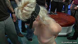 blonde gets gagged and fucked in a public shop during bizarre humiliation