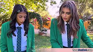 Cute teen in uniform gets free pussy stand at university