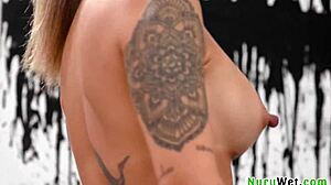 Petite busty asian masseuse covered in sexy tats performs amazing wet nuru massage on her black client - isiah maxwell linda lan