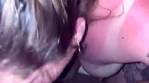 Sunburned girl gives deepthroat blowjob