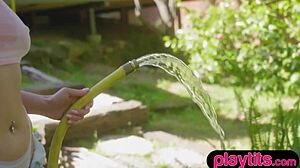 big ass curvy swiss milf strips in a garden and shows her curves