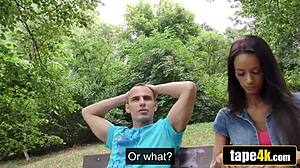 Hot brunette girlfriend turns slut for cash while boyfriend watches her get fucked outdoors