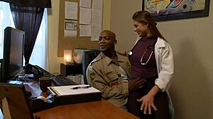 Cathy Heaven, the brunette office girl, hints at screwing her black boss.