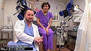 Oh no, I got caught as the student with glasses and tattoos, she says while getting deepthroat face fucked and doggystyle pounded in latex gloves.