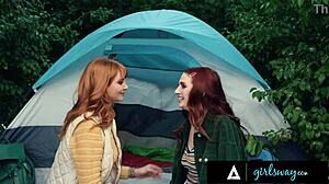 Redhead Lacy Lennon and her sexy neighbor engage in intense secret affair with rough scissoring and rimjob during camping trip in forest