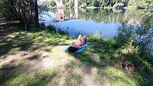 Stranger massages milf's hairy pussy on beach!