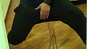 guy shows off his huge cock and ass on transparent chair