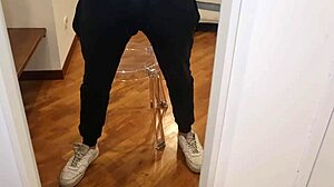 guy shows off his huge cock and ass on transparent chair