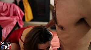 oh man i love this french amateur in satin red dress and multi colored panties doin doggystyle deepthroat rimming with heels pov