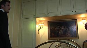 Blonde Michelle Thorne in lingerie gives blowjob and fucks cock in cowgirl, then swallows cumshot