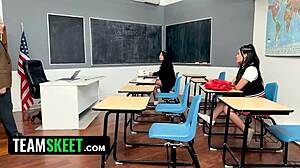 risky teacher fucks two asian students in classroom