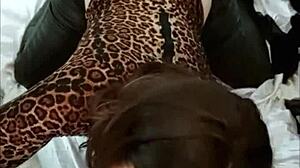 french amateur in red satin leopard bodysuit and heels