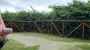 What a risky handjob on the street! Beautiful redhead catches me masturbating!