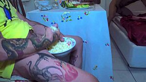 Bent over blowjob with big cock cum in mouth