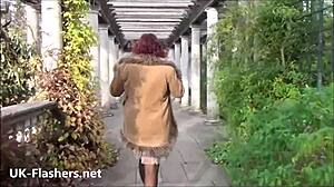 British woman with natural rose tattoo flashes outdoors