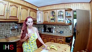 fun scene done in the kitchen with fruit and dildos for redhead teen riding and fingering