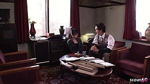 Japanese teen secretary seduces old boss at office, sucking his fat cock