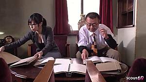 Japanese teen secretary seduces old boss at office, sucking his fat cock