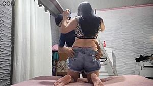 homemade latina in shorts gets caught with monster cock staring at ass