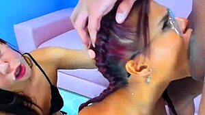 Two horny sluts deepthroat and swallow huge cock in sloppy face fucking domination!