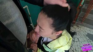 girl next door gives risky blowjob on public staircase for swallow