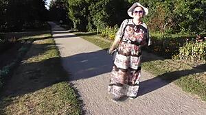 Hairy Mature Woman Flashes Pussy in Public Park