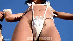 hairy bush in micro bikini twerking and dancing publicly, flashing pussy