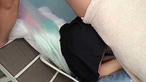 Amateur curvy stepdaughter in cosplay dress and thong panties experiences first time taboo fetish in bedroom with tight pink pussy as virgin