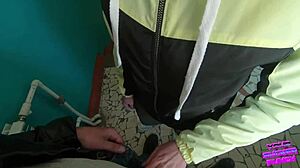 girl next door gives risky blowjob on public staircase for swallow