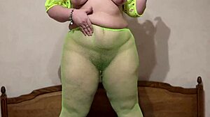 Curvy BBW teases with pantyhose while riding big dildos to orgasm on bed