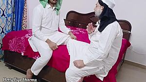 Muslim step father in law bends over hindu step daughter for doggystyle fucking and cowgirl riding in threesome with step son watching