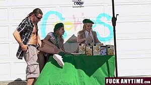 Freeuse stepdaughters sell cookies and suck cock under stepdad's guidance in threesome