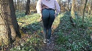 Redhead public deepthroats dick and rough fucks in the wood