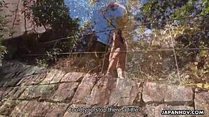 japanese housewife maki hojo strips naked outdoors for a nasty masturbation session with toys