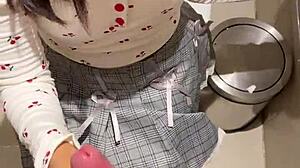 In public restroom, 18-year-old asian girl gives blowjob ending in huge cumshot