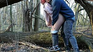 Redhead public deepthroats dick and rough fucks in the wood