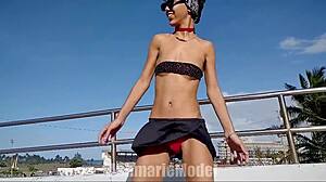 Dancing Topless In Public, Flashing Her Small Tits And Beaver Under Miniskirt.