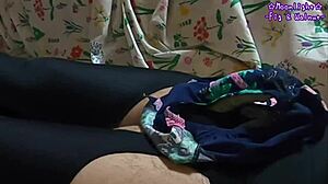 Wearing garter stockings, masturbating in swimsuit crotch, then cumming 😍