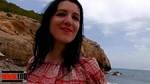 a skinny french babe arrives at the beach, where she gets fucked in her ass and pussy by a horny guy.