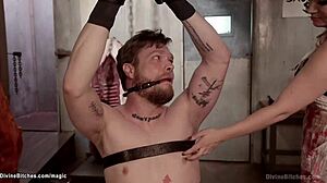 Huge tits butcher fucks bound man roughly with dildo