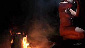 Naked beauty in the forest indulges in outdoor pleasure