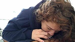 My stepsister boldly sucks my cock intensely on the terrace.