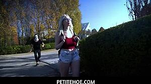 Petite blonde teases big dude