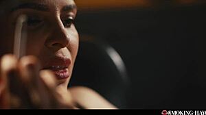 Hot brunette teases with handjob while smoking 😏.